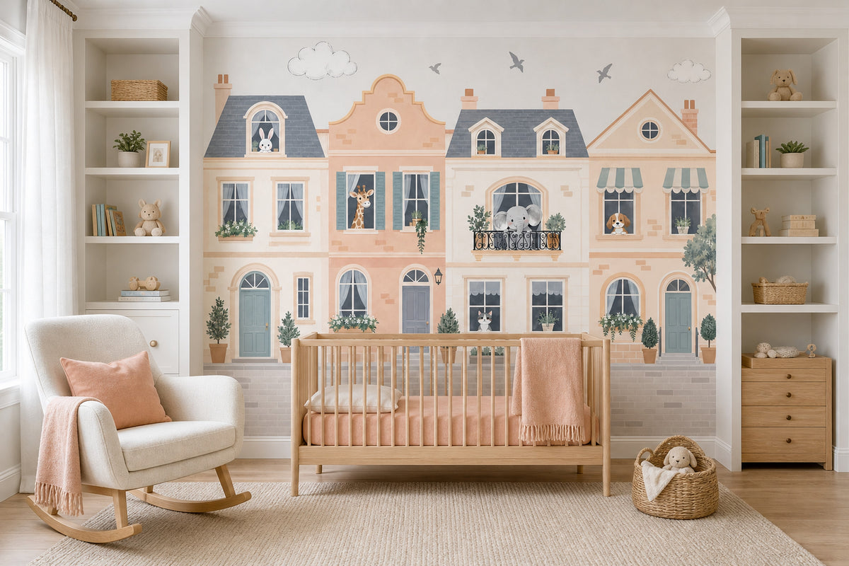 Pastel Townhouse Animals Wallpaper Storybook Street Wall Mural