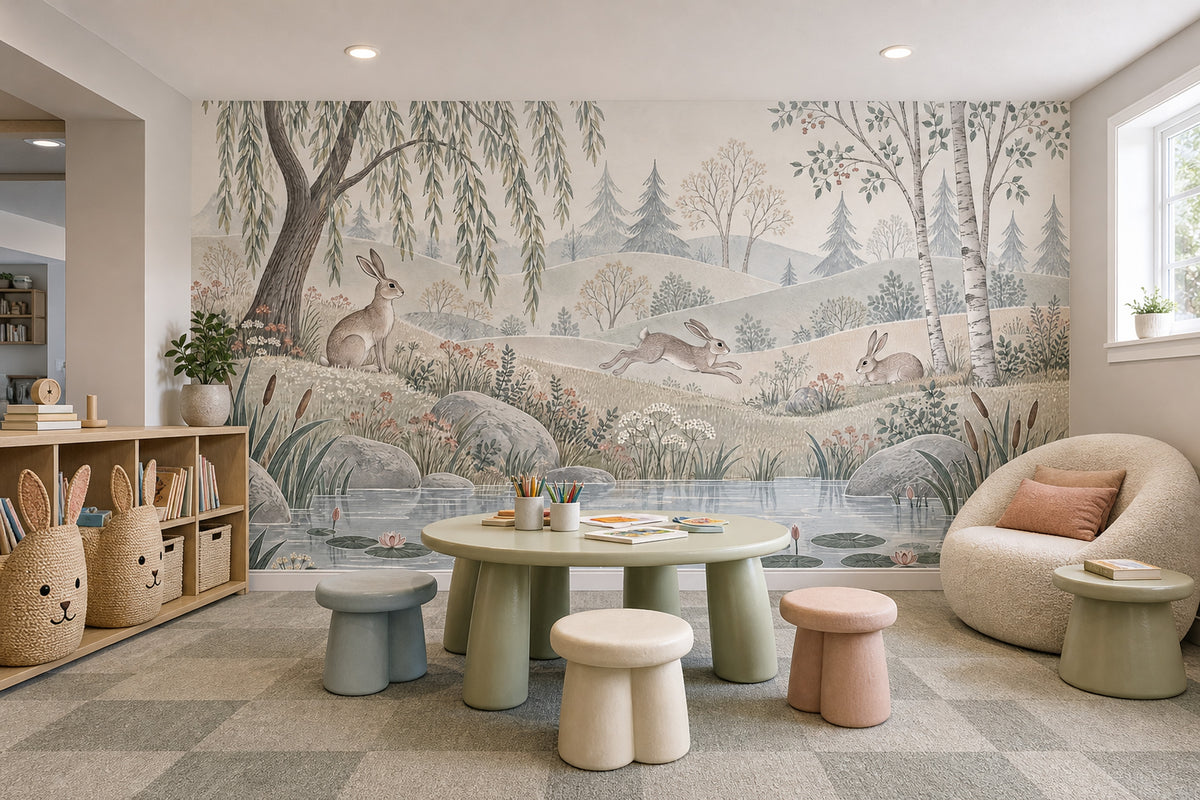Watercolor Rabbits Pond Wallpaper Woodland Landscape Wall Mural