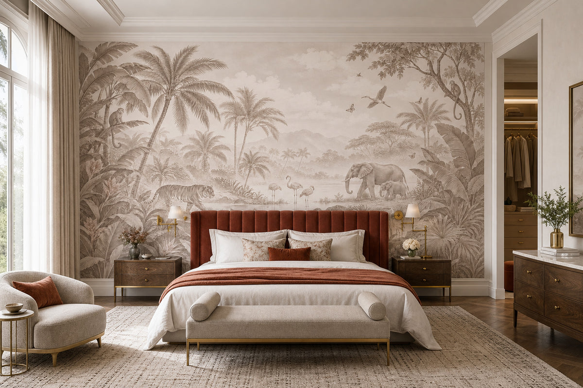 Safari Animals Wallpaper Beige Tropical Jungle Wall Mural