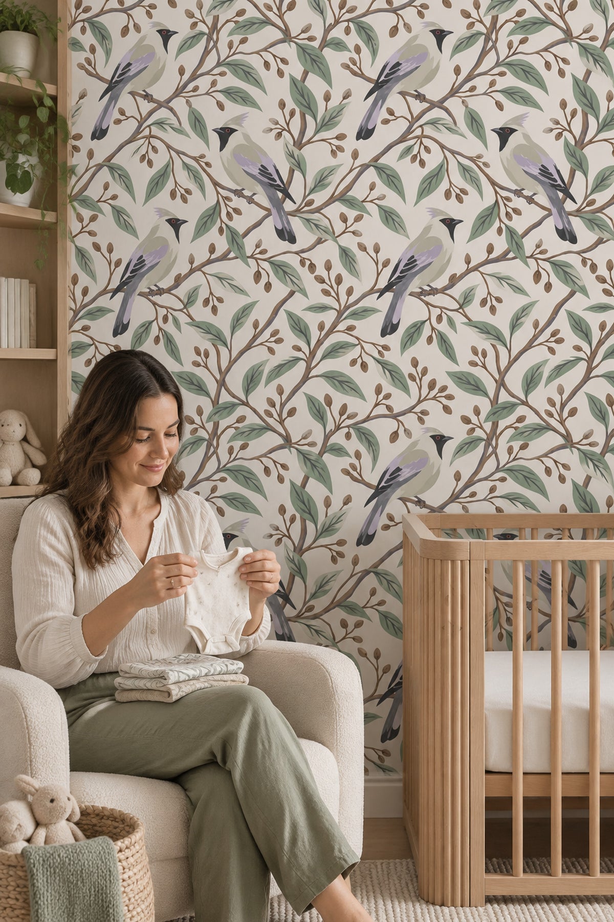 Perched Birds Wallpaper Sage Branches On Ivory Background