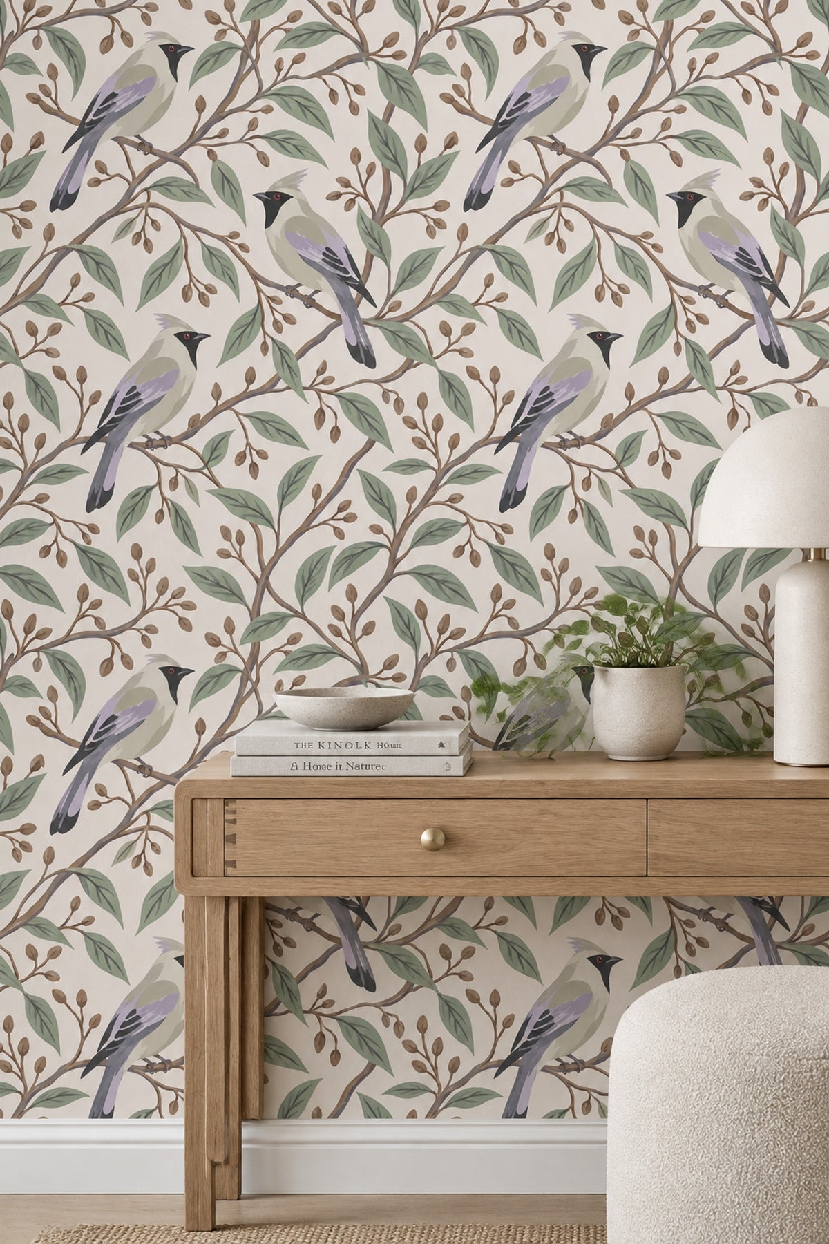 Perched Birds Wallpaper Sage Branches On Ivory Background