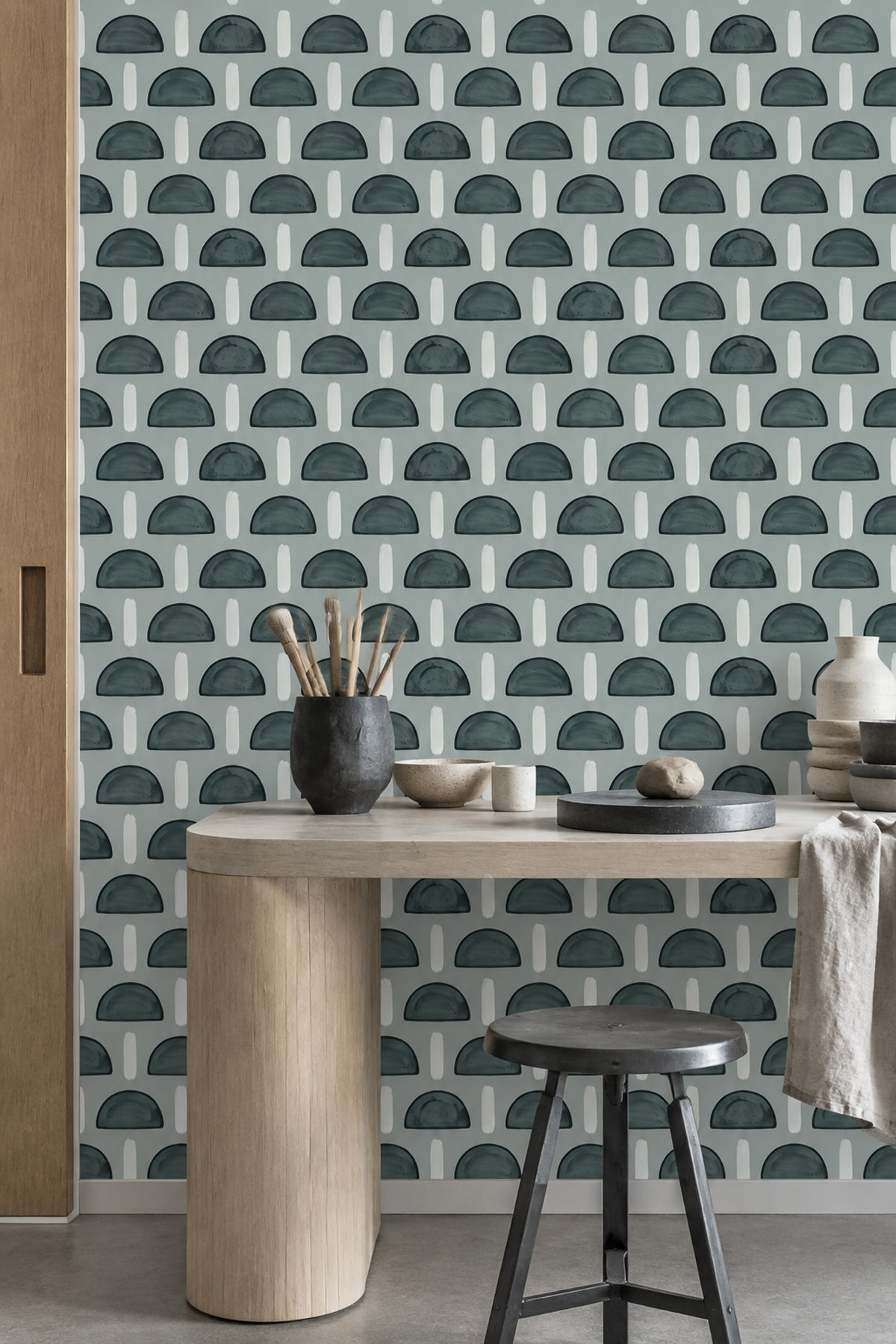 Hand Painted Semicircles Wallpaper Modern Grid In Sage Green