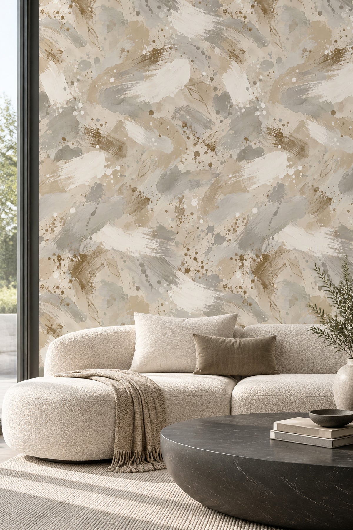 Abstract Brushstrokes Wallpaper Neutral Beige Watercolor