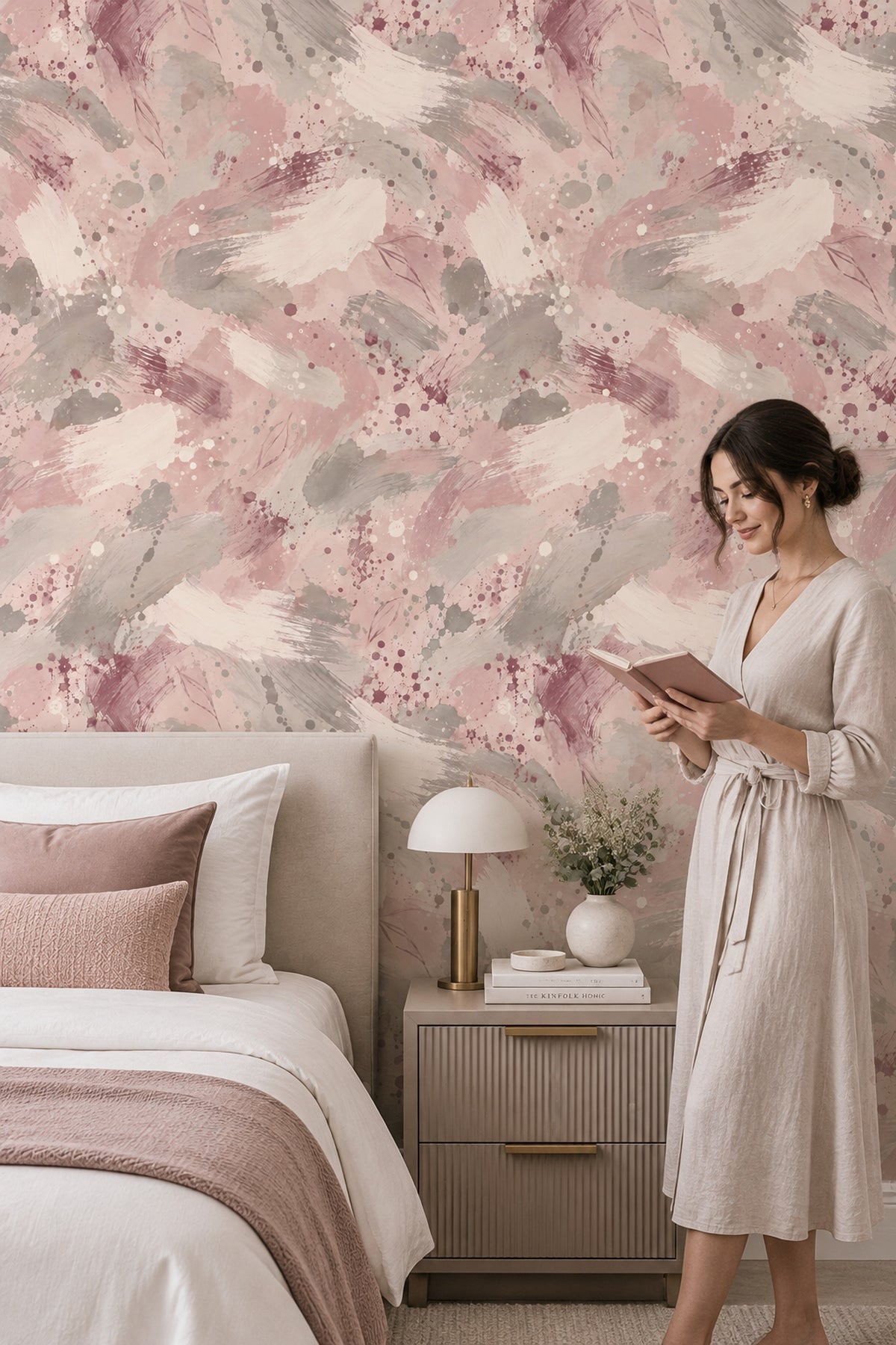 Watercolor Brush Strokes Wallpaper Pink Mauve Soft Gray