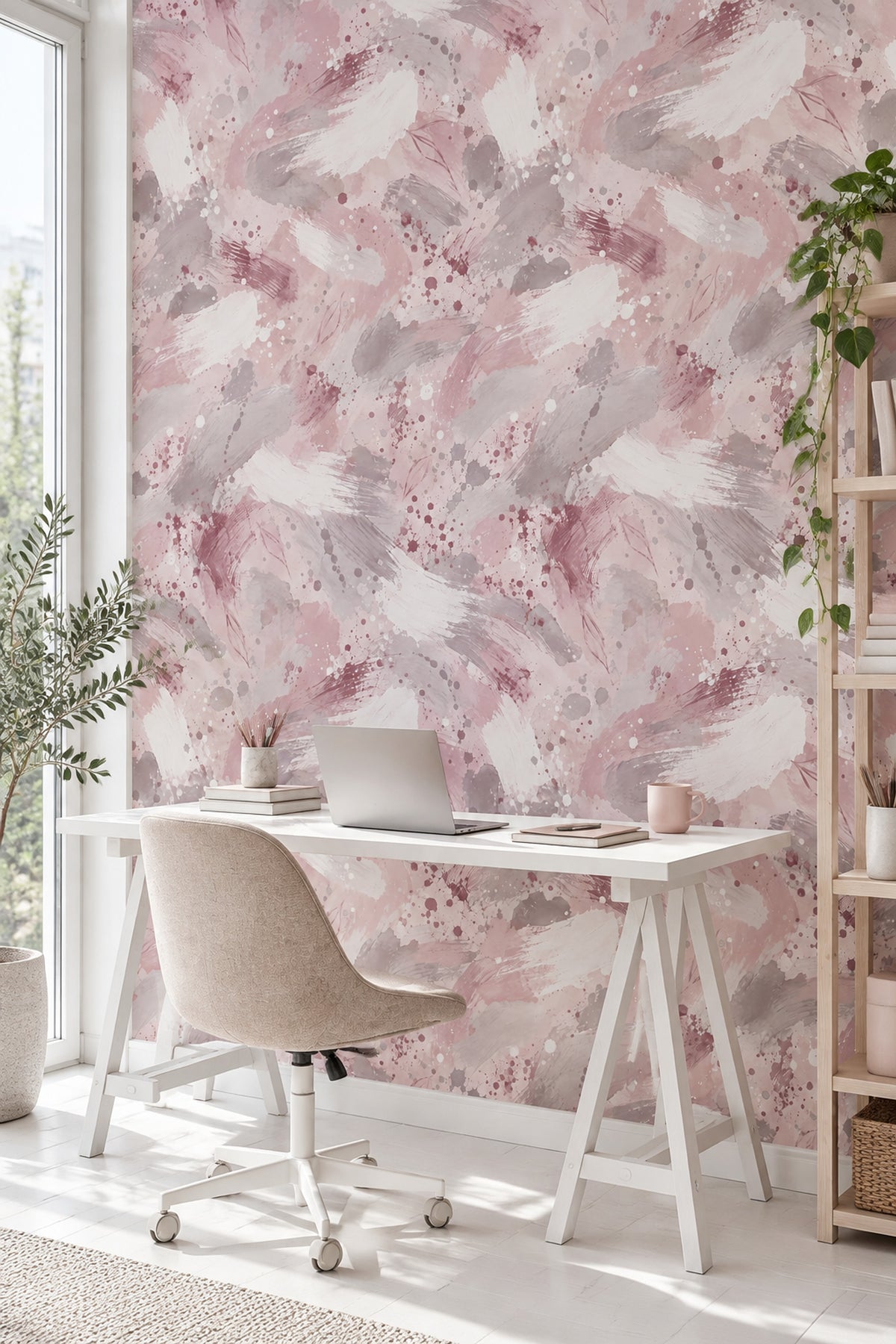 Leaf Outline Brush Strokes Wallpaper Pink Watercolor Splatter