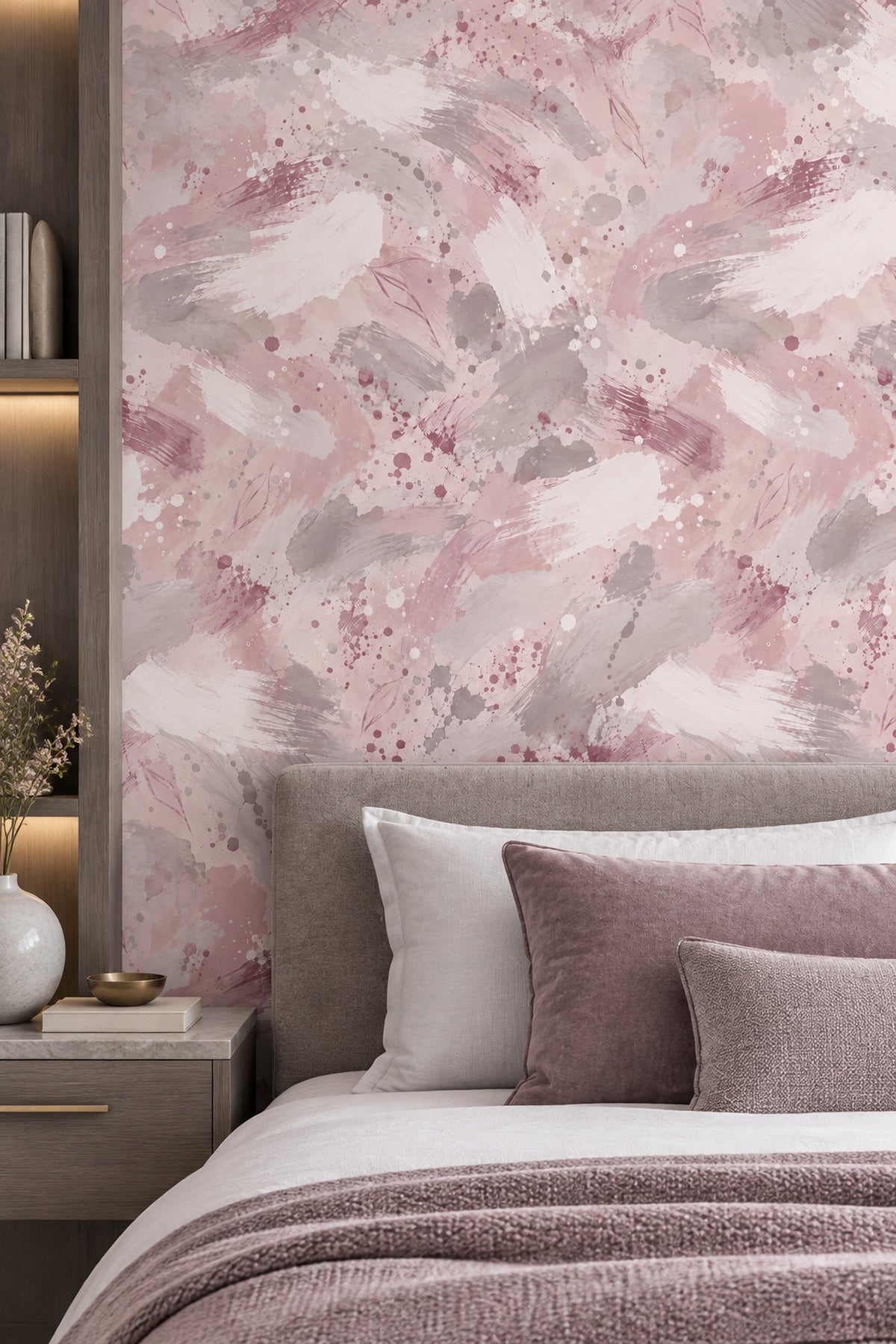 Leaf Outline Brush Strokes Wallpaper Pink Watercolor Splatter