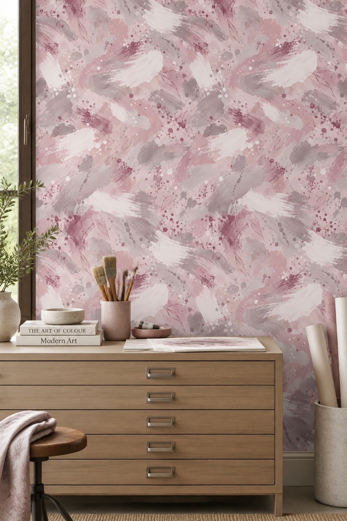 Leaf Outline Brush Strokes Wallpaper Pink Watercolor Splatter