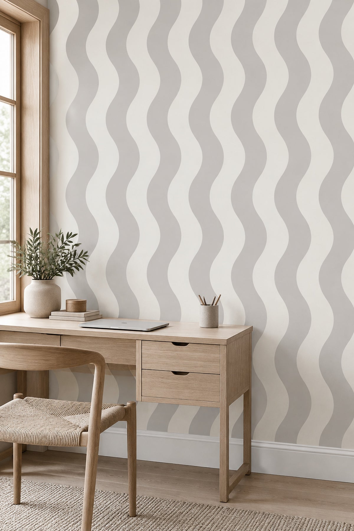 Wavy Vertical Stripes Wallpaper Light Gray Ivory Neutral