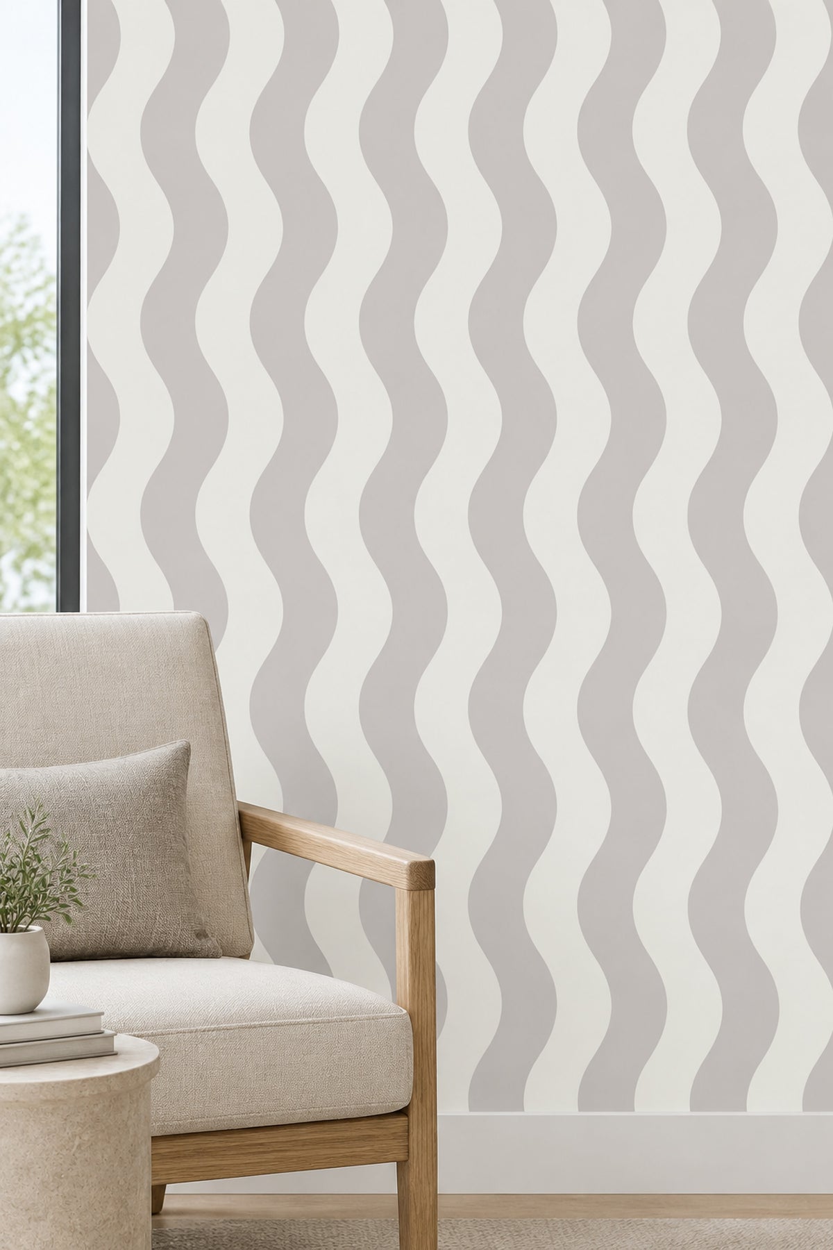 Wavy Vertical Stripes Wallpaper Light Gray Ivory Neutral