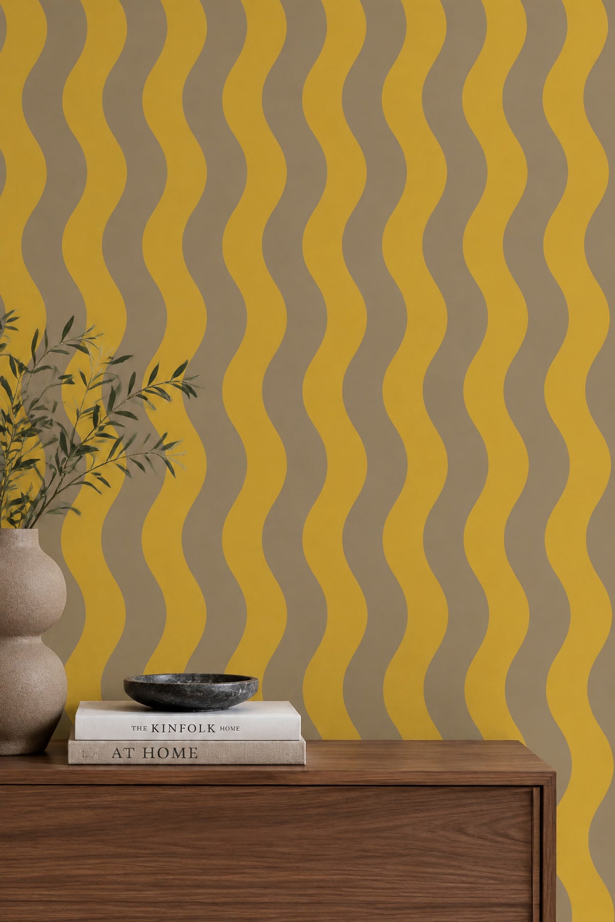 Wavy Vertical Stripes Wallpaper Mid Century Modern Mustard Taupe