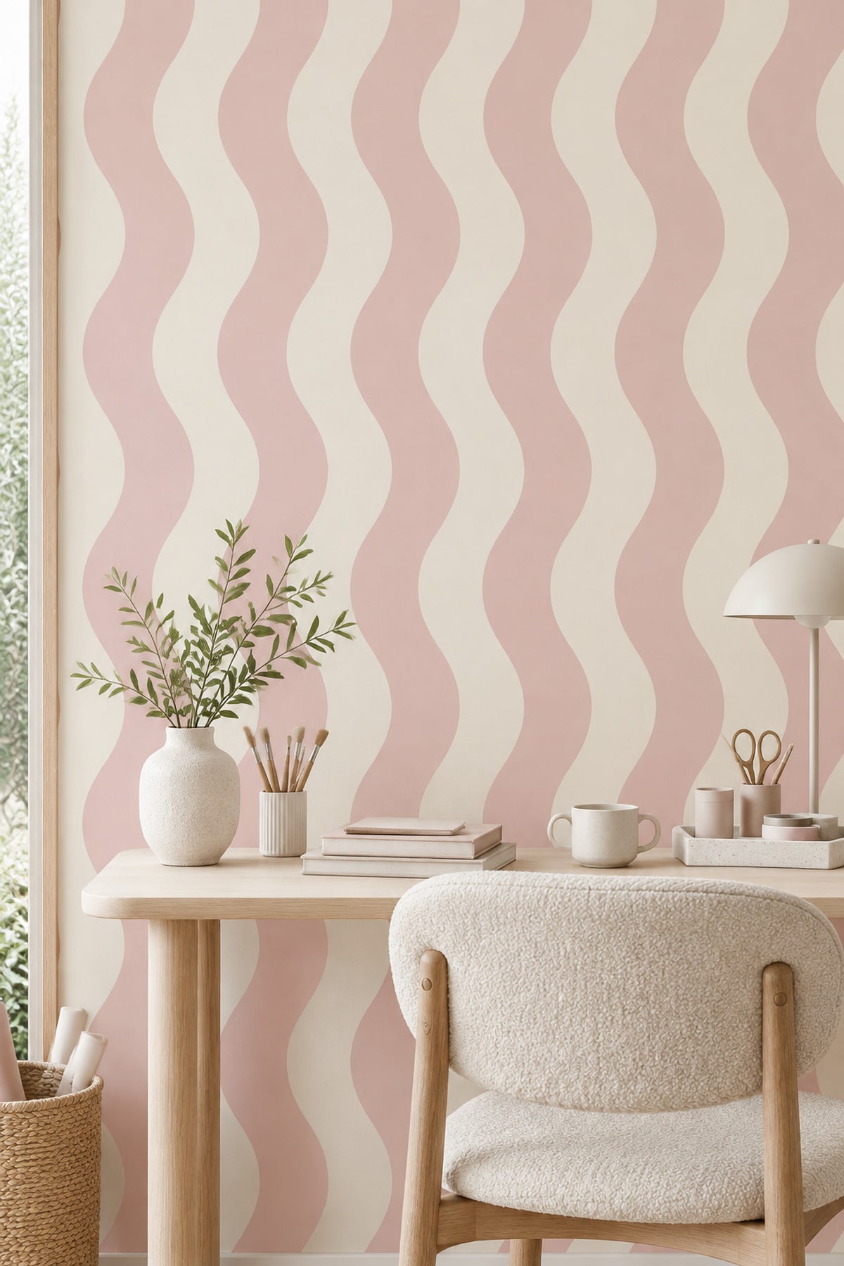 Wavy Stripes Wallpaper Pink Cream Abstract