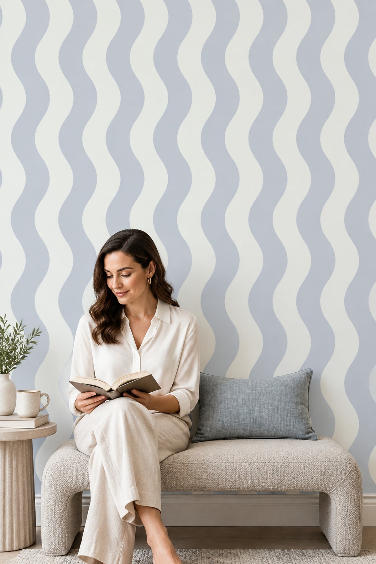 Vertical Wavy Stripes Wallpaper Light Blue Off White