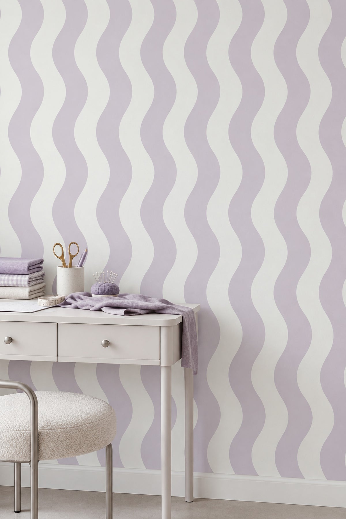 Wavy Stripes Wallpaper Lavender Purple And Cream Abstract