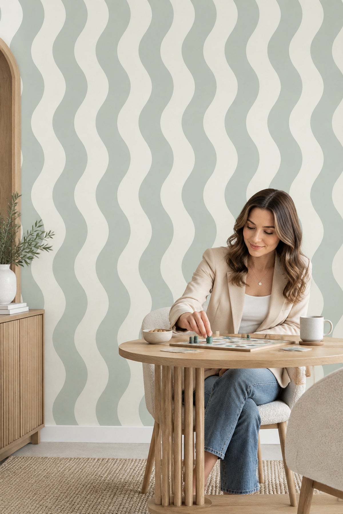 Wavy Stripes Wallpaper Sage Green And Off White Vertical Pattern