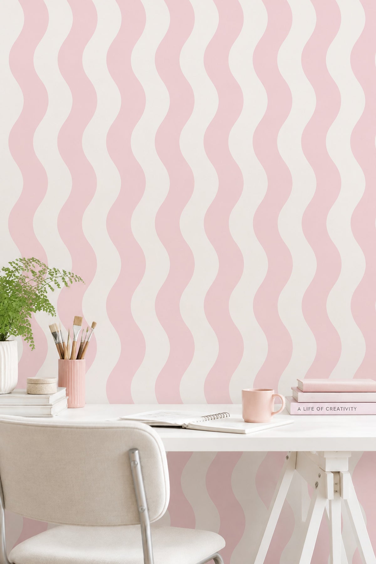 Pink Wavy Stripes Wallpaper Pastel Minimal Pattern