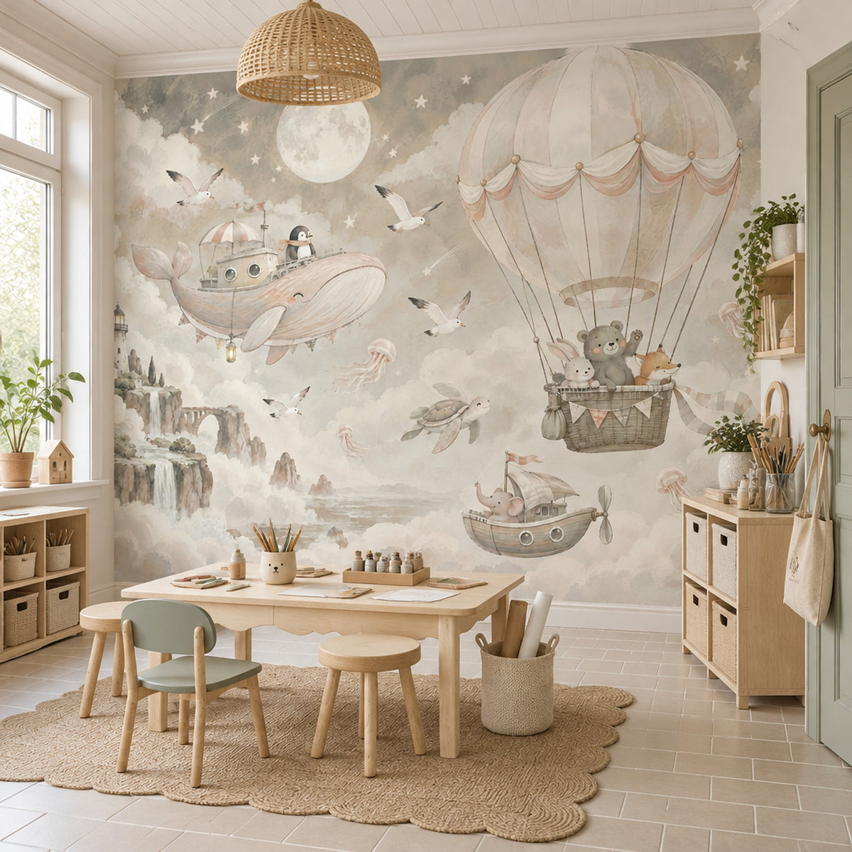 Hot Air Balloon Animals Wallpaper Watercolor Fantasy Wall Mural