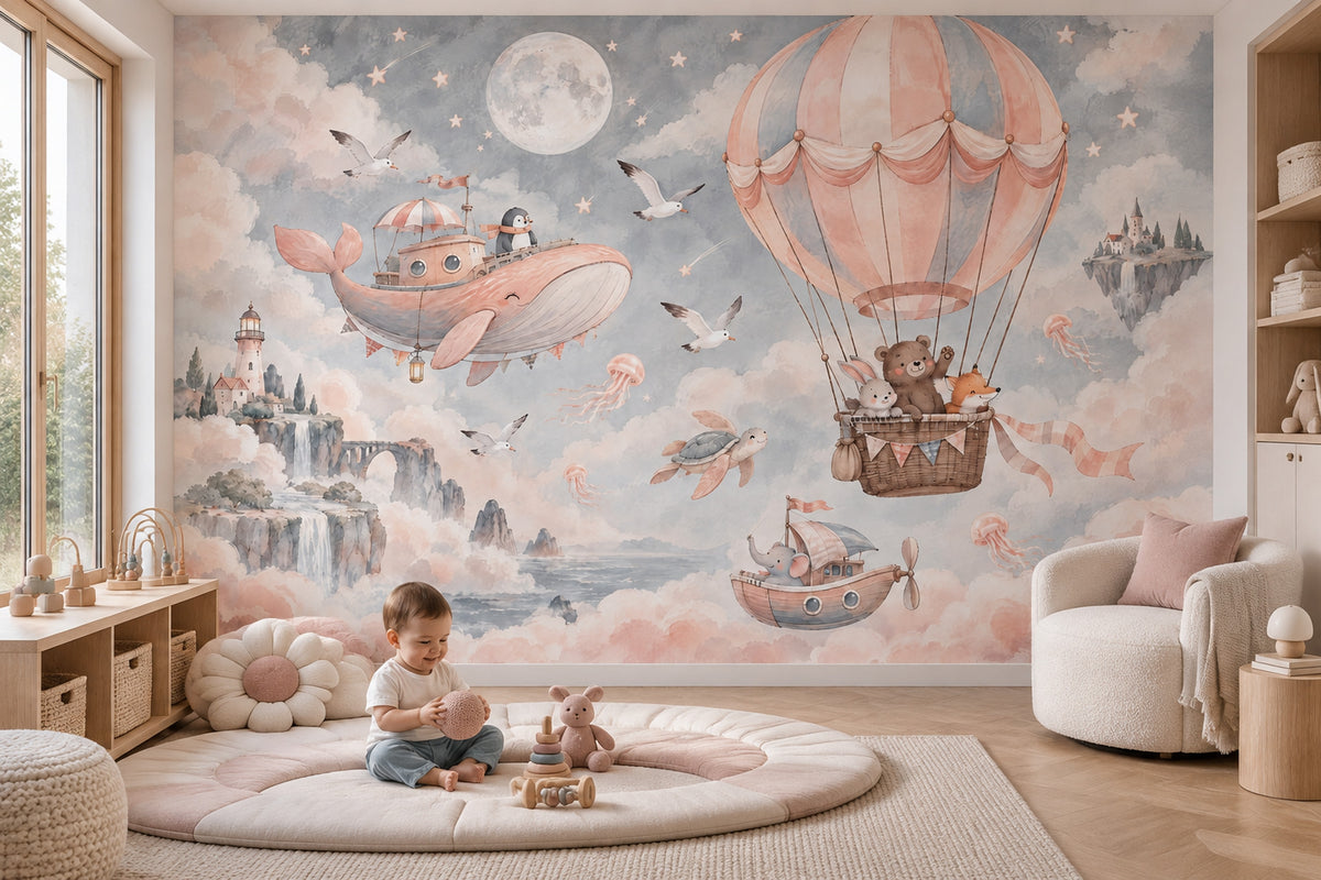 Hot Air Balloon Animals Wallpaper Watercolor Fantasy Wall Mural