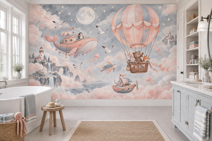 Hot Air Balloon Animals Wallpaper Watercolor Fantasy Wall Mural