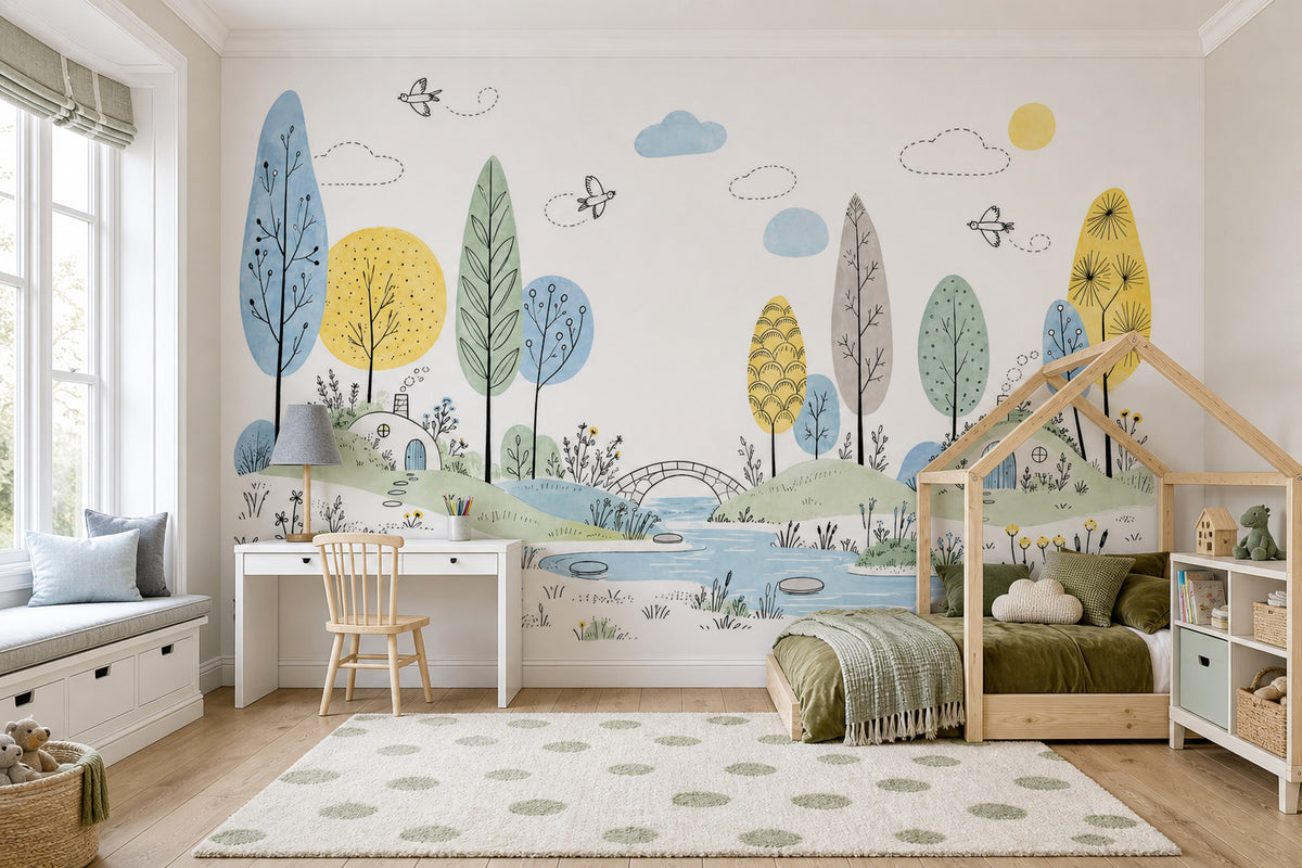 Whimsical Hillside Village Wallpaper Watercolor Landscape Wall Mural