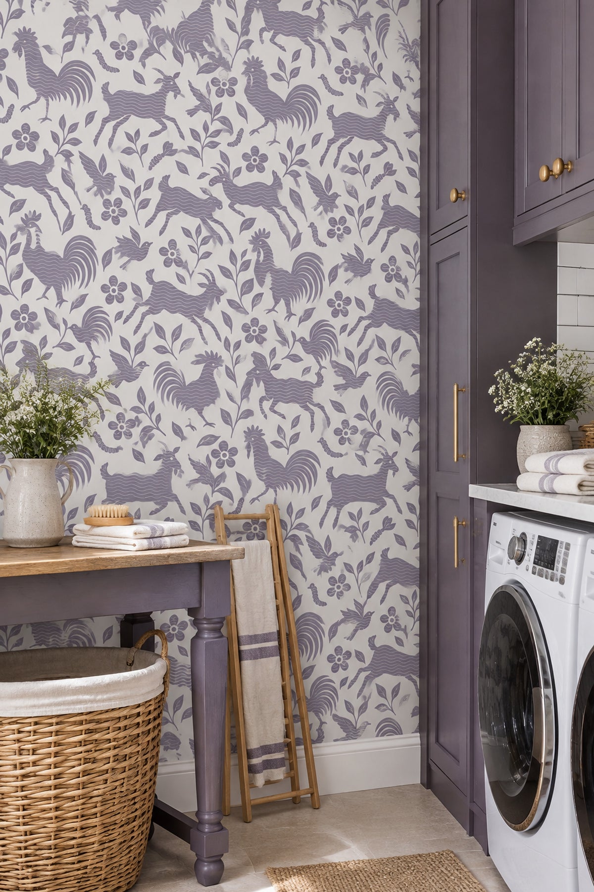 Roosters And Goats Wallpaper Lavender Folk Art On Ivory