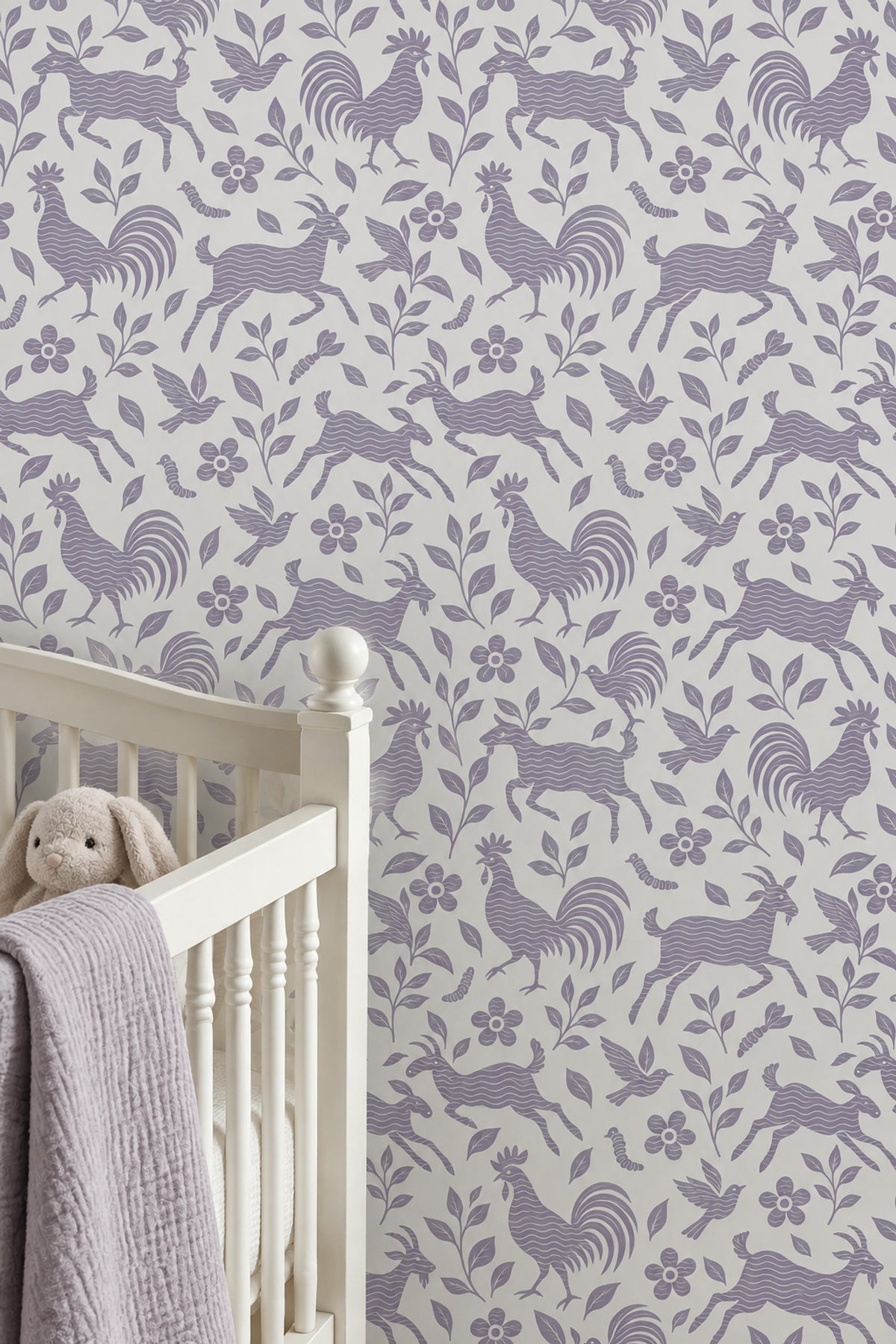 Roosters And Goats Wallpaper Lavender Folk Art On Ivory