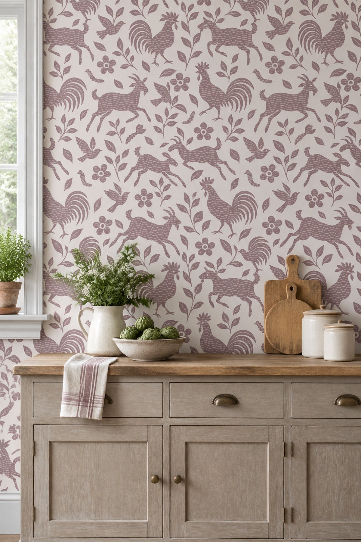 Roosters And Goats Wallpaper Folk Art Floral Pink