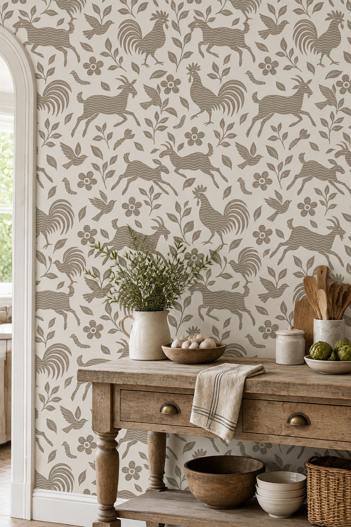 Goats Roosters And Birds Wallpaper Folk Floral Taupe