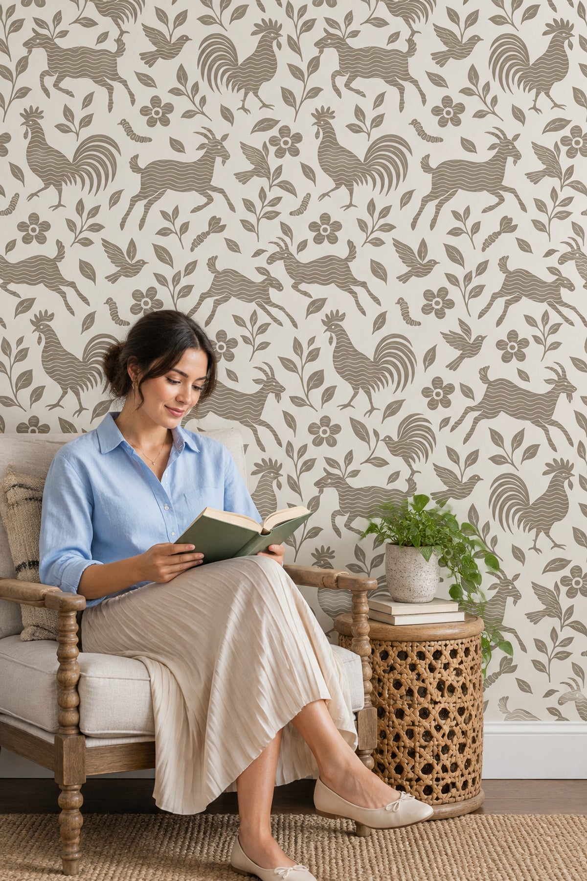 Goats Roosters And Birds Wallpaper Folk Floral Taupe