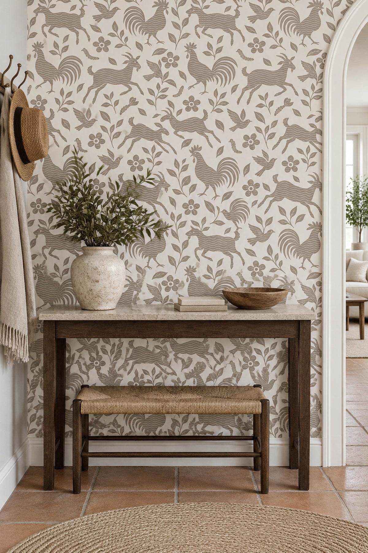 Goats Roosters And Birds Wallpaper Folk Floral Taupe