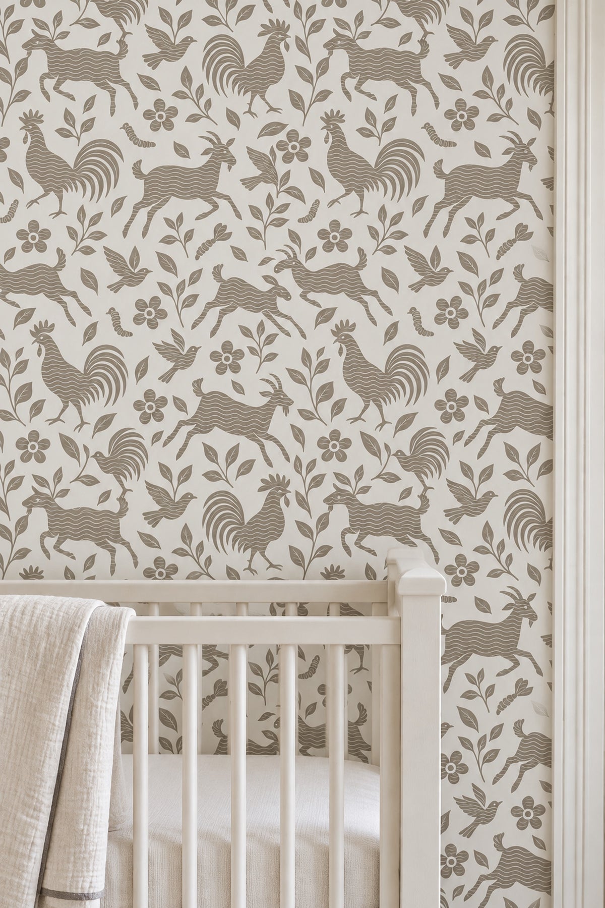 Goats Roosters And Birds Wallpaper Folk Floral Taupe