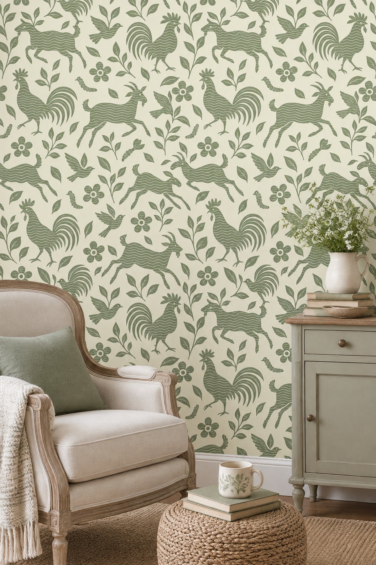 Roosters And Goats Wallpaper Sage Green Folk Art