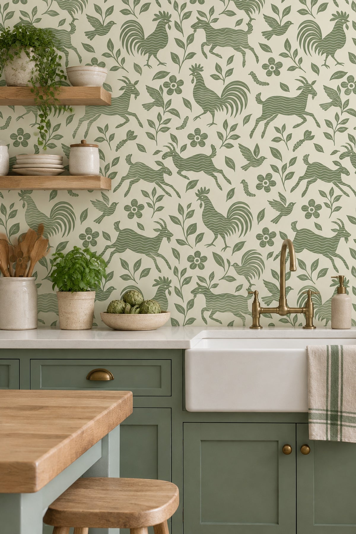 Roosters And Goats Wallpaper Sage Green Folk Art