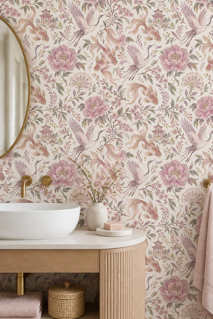 Cranes And Koi Fish Wallpaper Chinoiserie Pink Blossoms