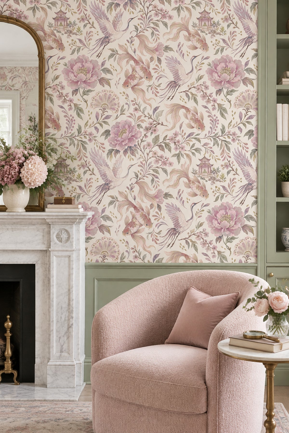 Cranes And Koi Fish Wallpaper Chinoiserie Pink Blossoms