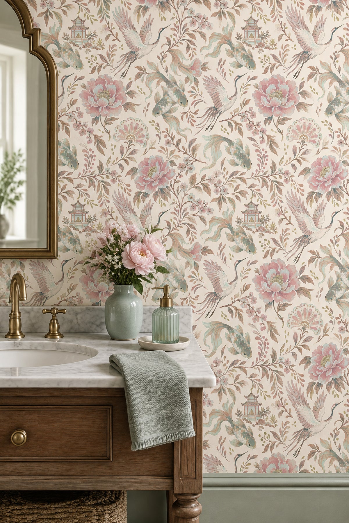 Cranes And Koi Fish Wallpaper Chinoiserie Floral Cream