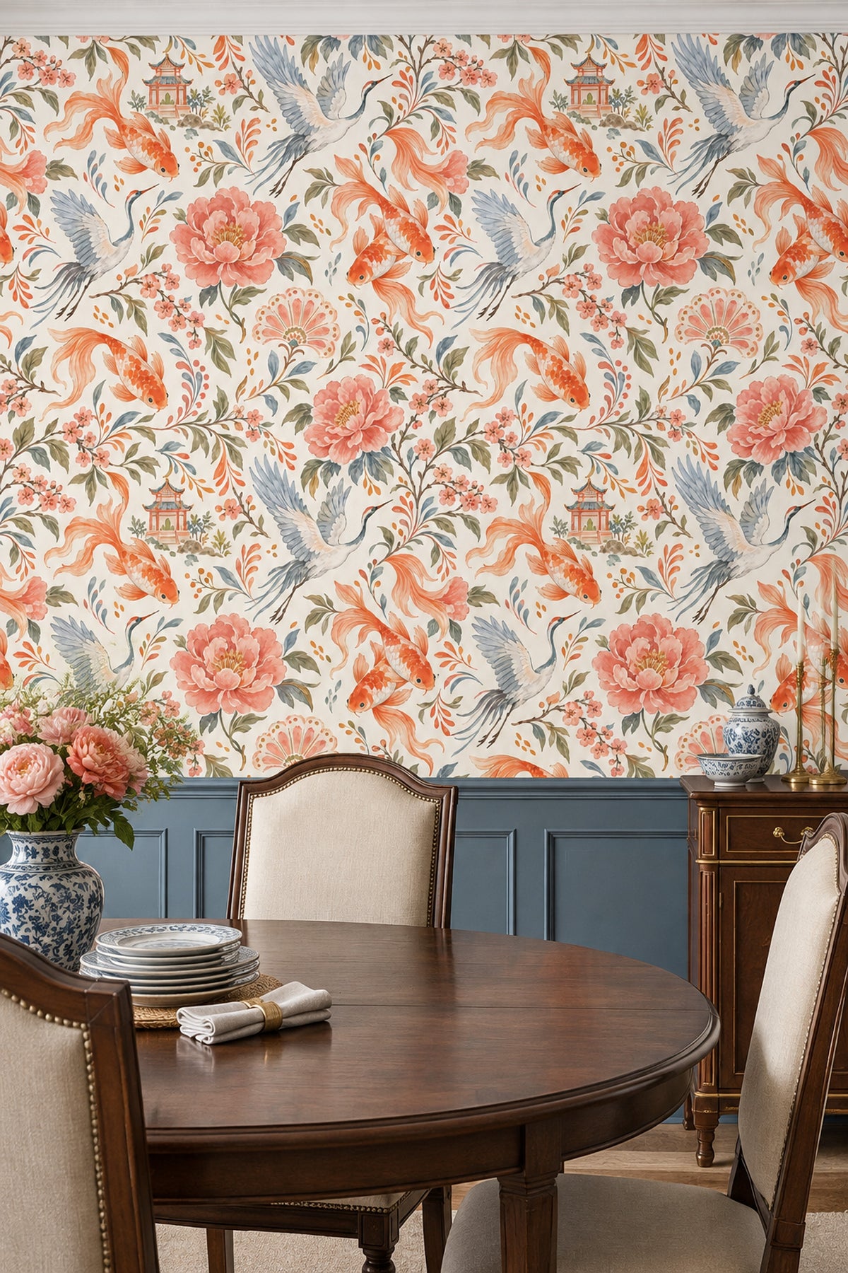 Koi Fish And Cranes Wallpaper Watercolor Chinoiserie Floral