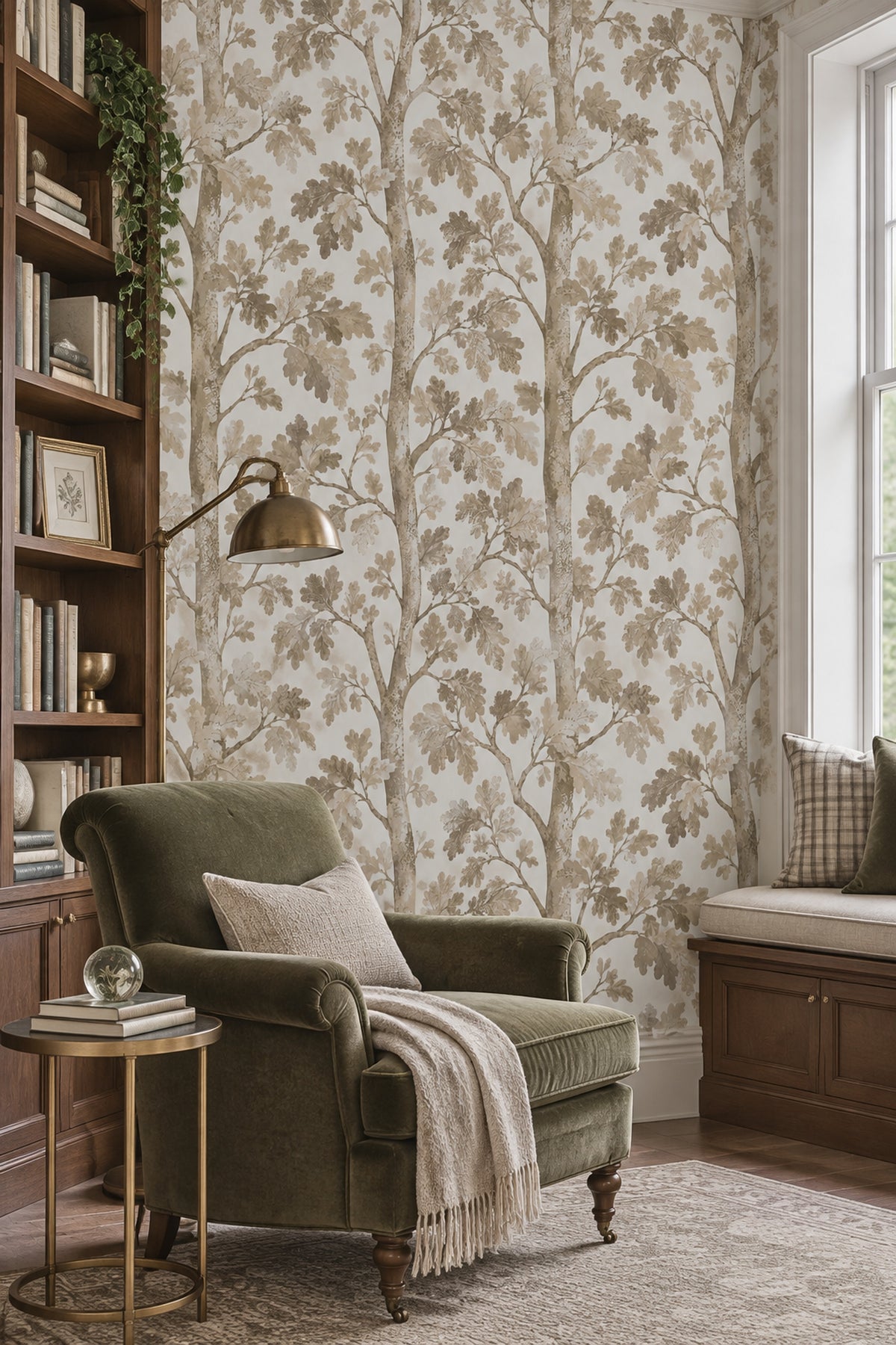 Oak Leaves Wallpaper Watercolor Tree Branches In Neutral Beige