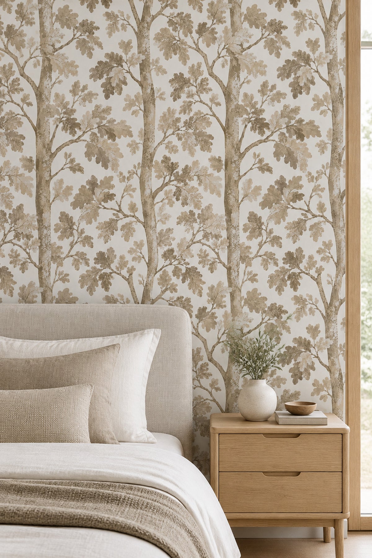 Oak Leaves Wallpaper Watercolor Tree Branches In Neutral Beige