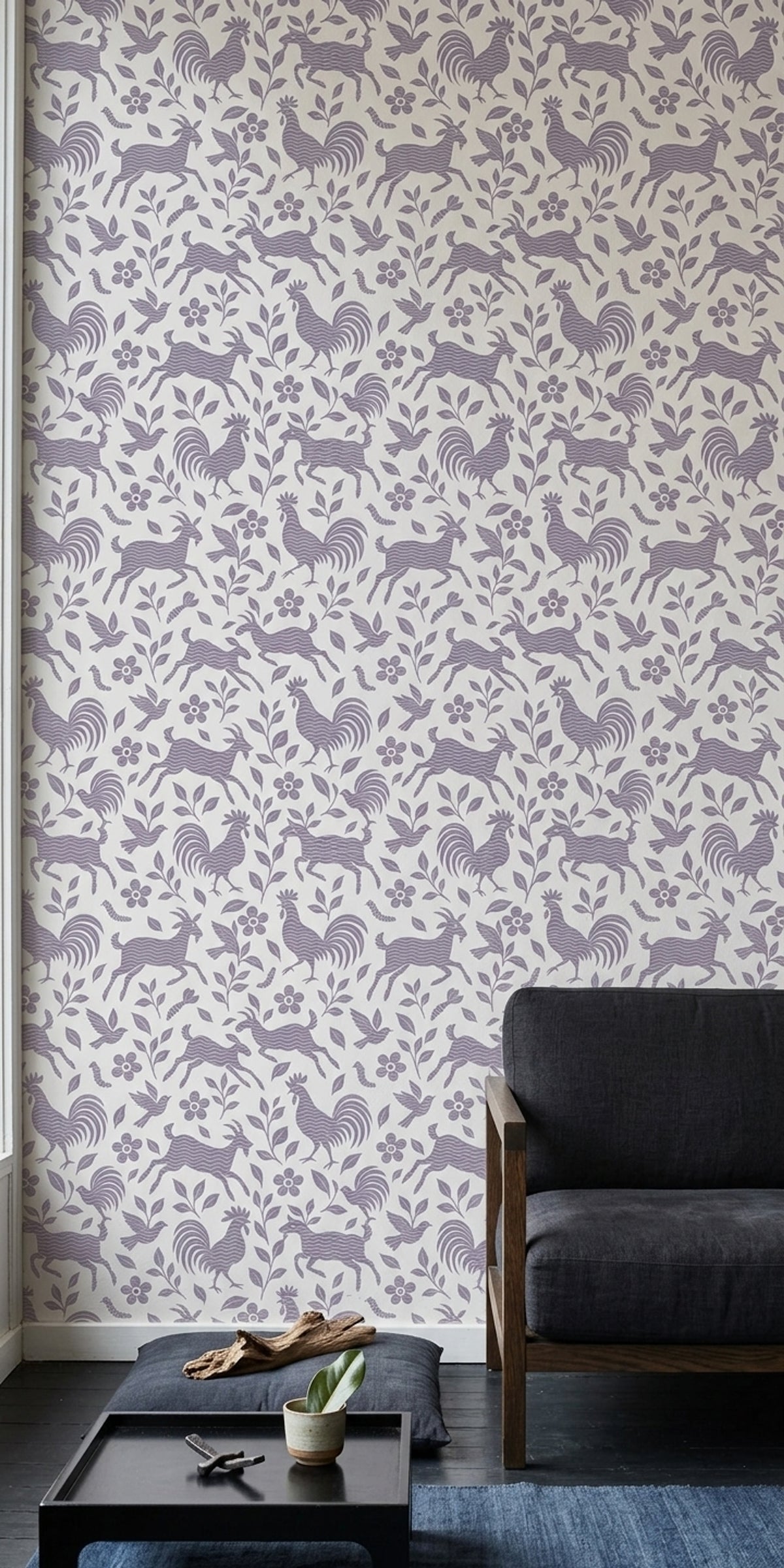 Roosters And Goats Wallpaper Lavender Folk Art On Ivory