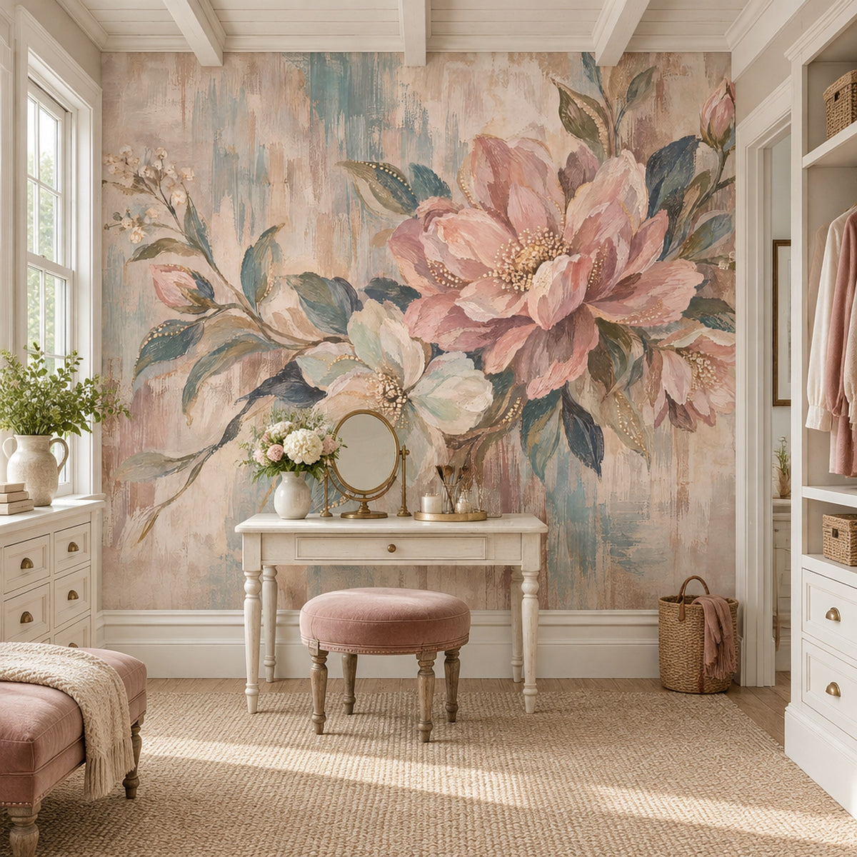 Blush Pink Roses Wallpaper Textured Botanical Wall Mural