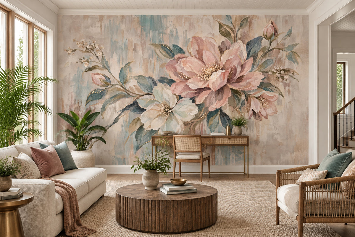 Blush Pink Roses Wallpaper Textured Botanical Wall Mural