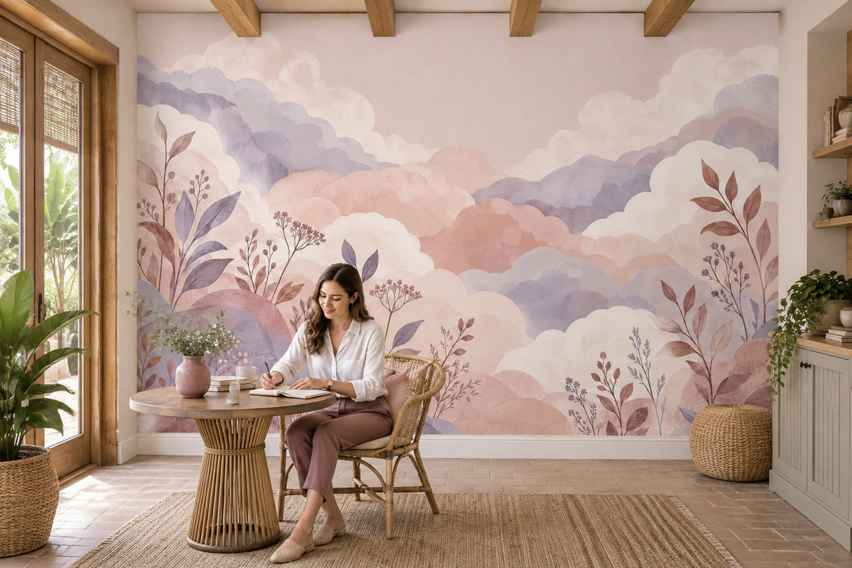 Pastel Watercolor Clouds Wallpaper Dreamy Mountain Landscape Wall Mural