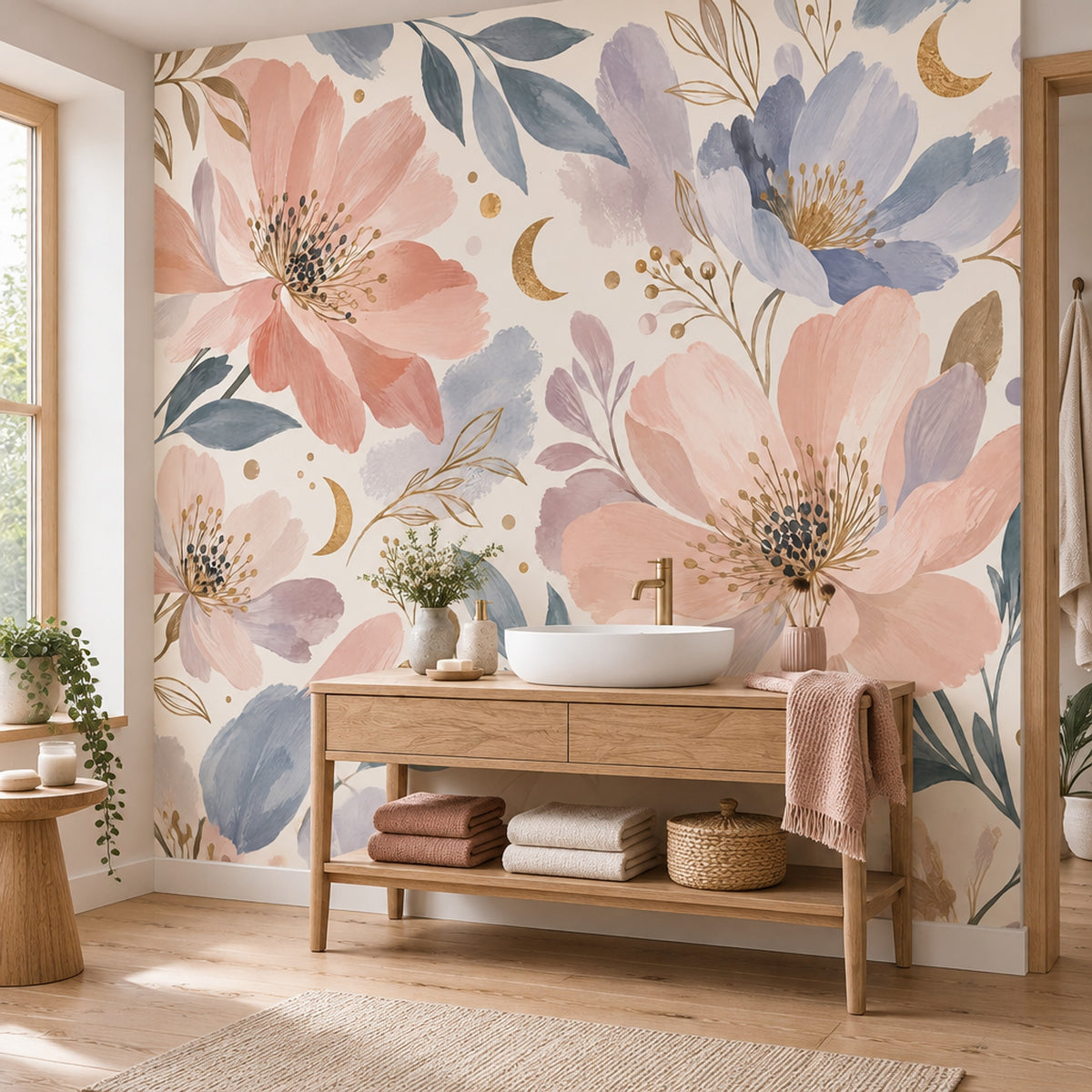 Pastel Peony Blooms Wallpaper Gold Crescent Wall Mural