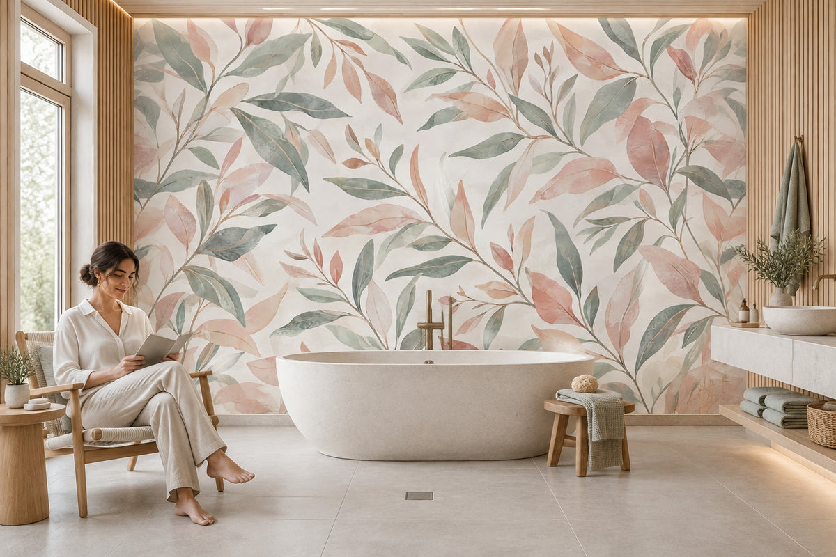 Pastel Botanical Leaves Wallpaper Watercolor Texture Wall Mural