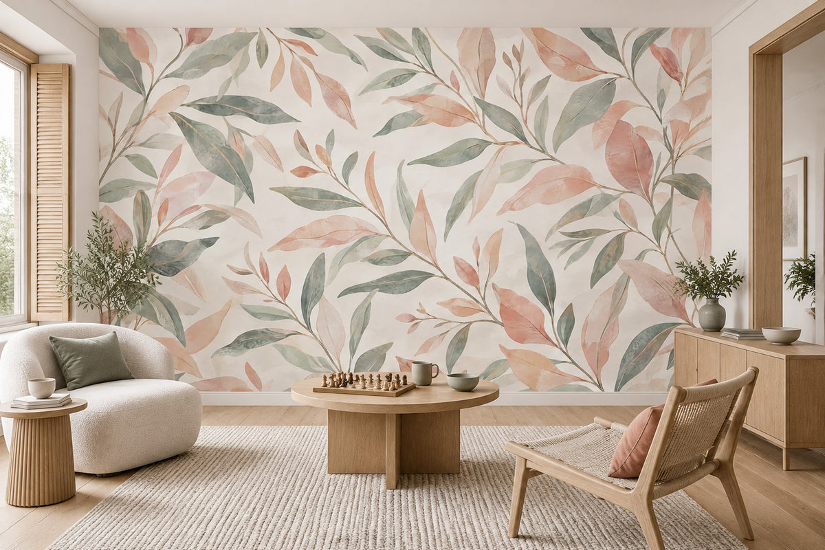 Pastel Botanical Leaves Wallpaper Watercolor Texture Wall Mural