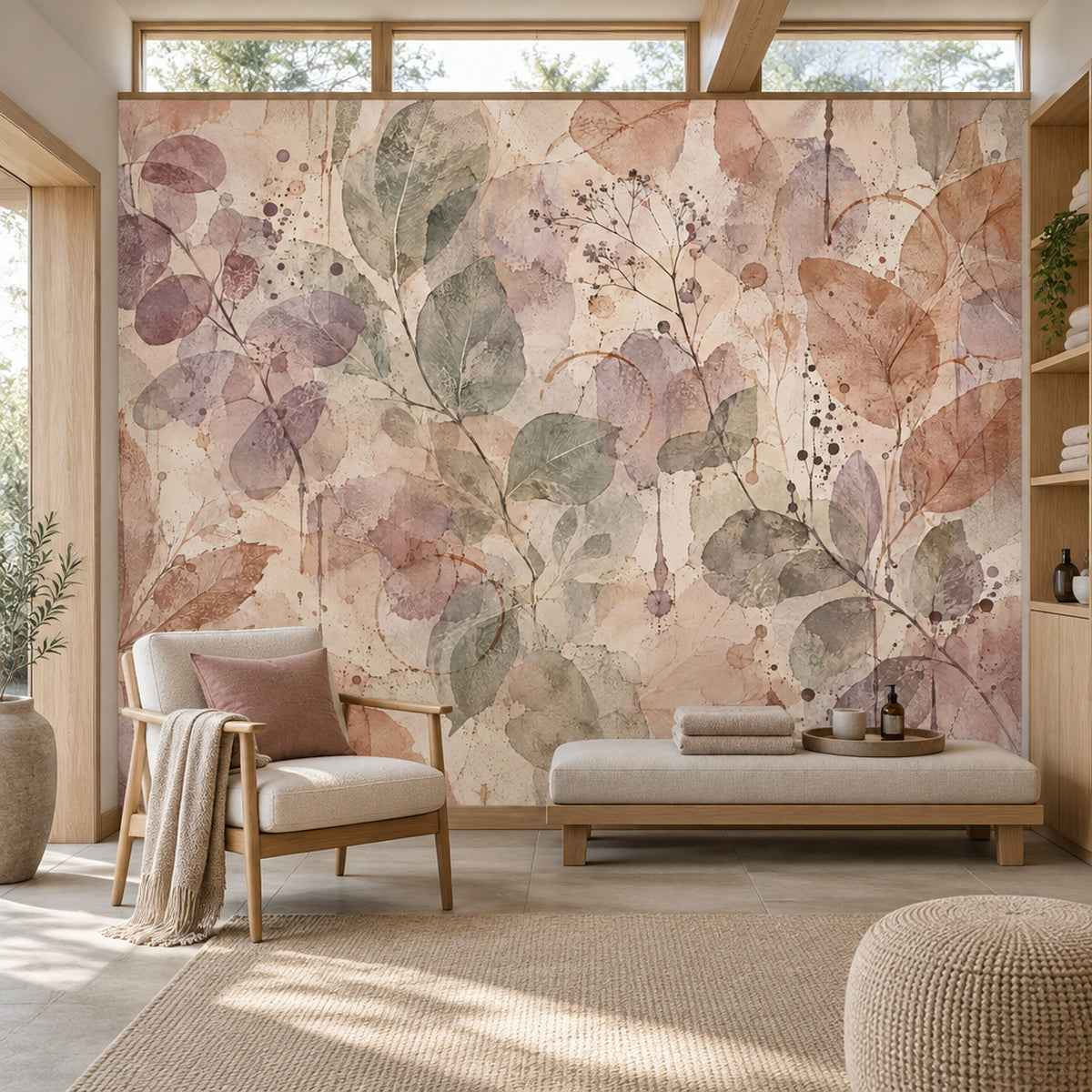 Watercolor Botanical Leaves Wallpaper Soft Beige Texture Wall Mural