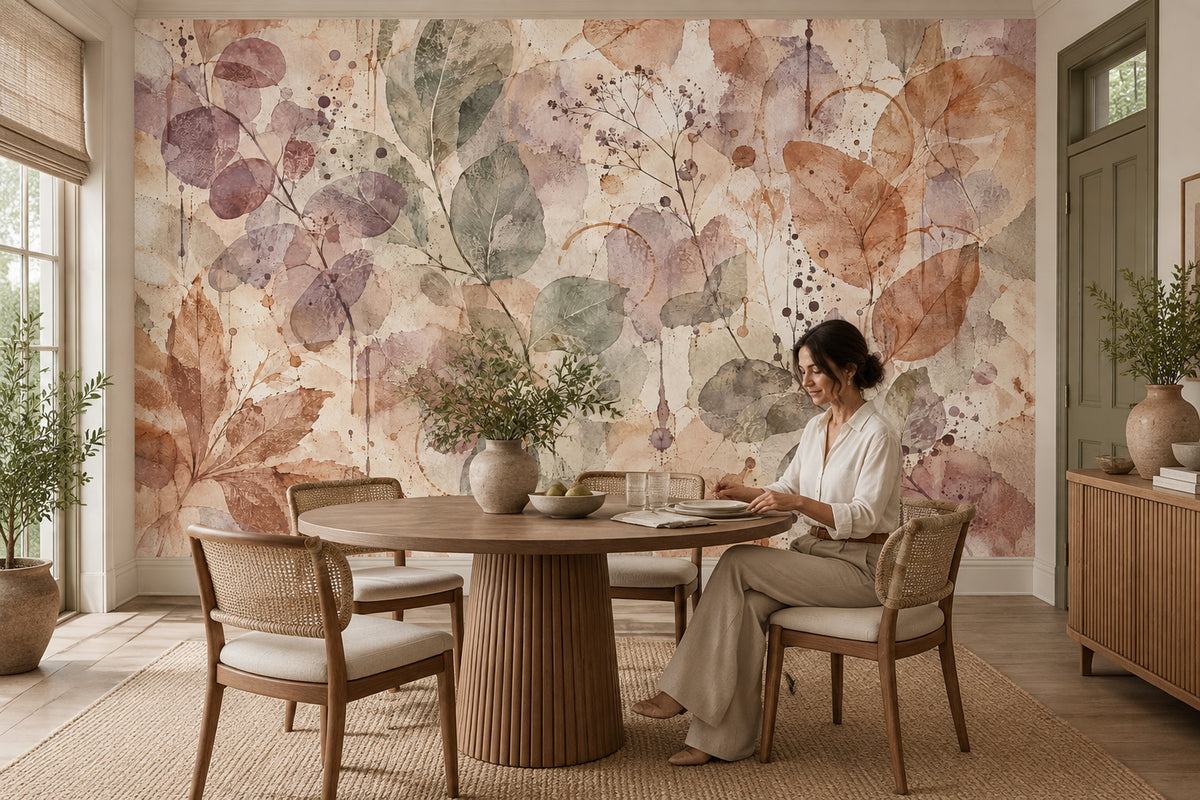 Watercolor Botanical Leaves Wallpaper Soft Beige Texture Wall Mural