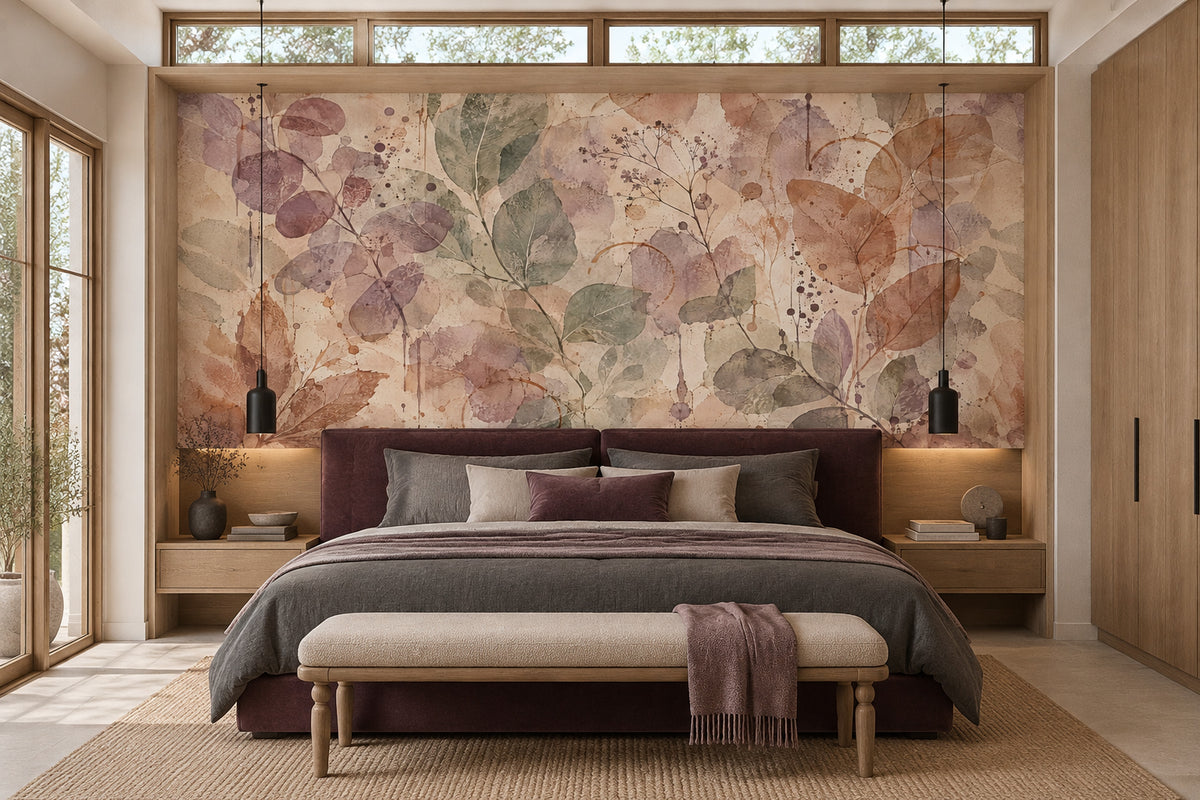 Watercolor Botanical Leaves Wallpaper Soft Beige Texture Wall Mural