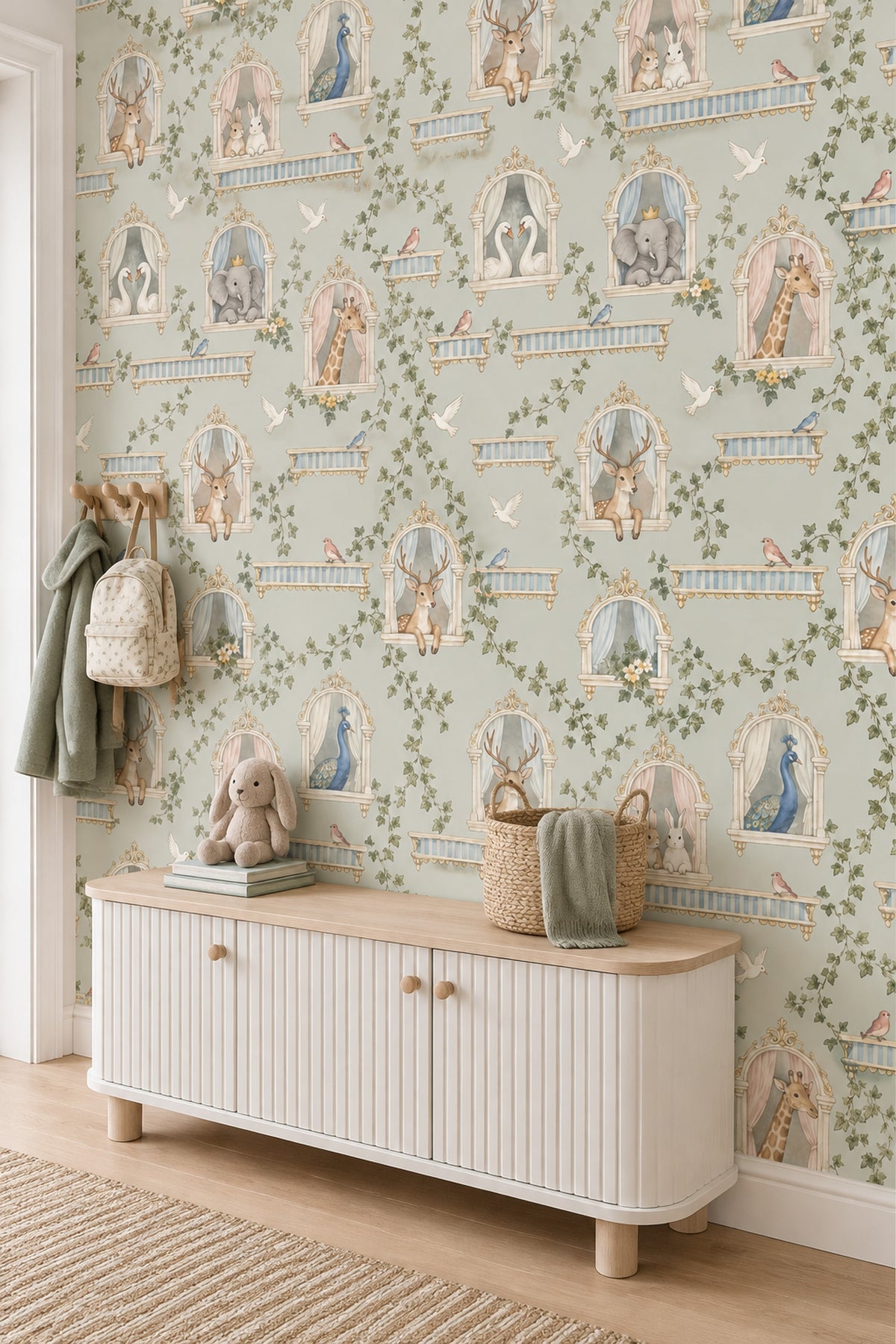 Fairy Tale Palace Animals Wallpaper Muted Green Watercolor