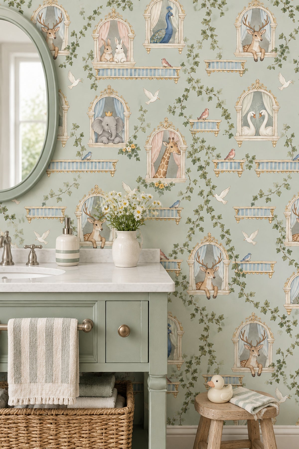 Fairy Tale Palace Animals Wallpaper Muted Green Watercolor